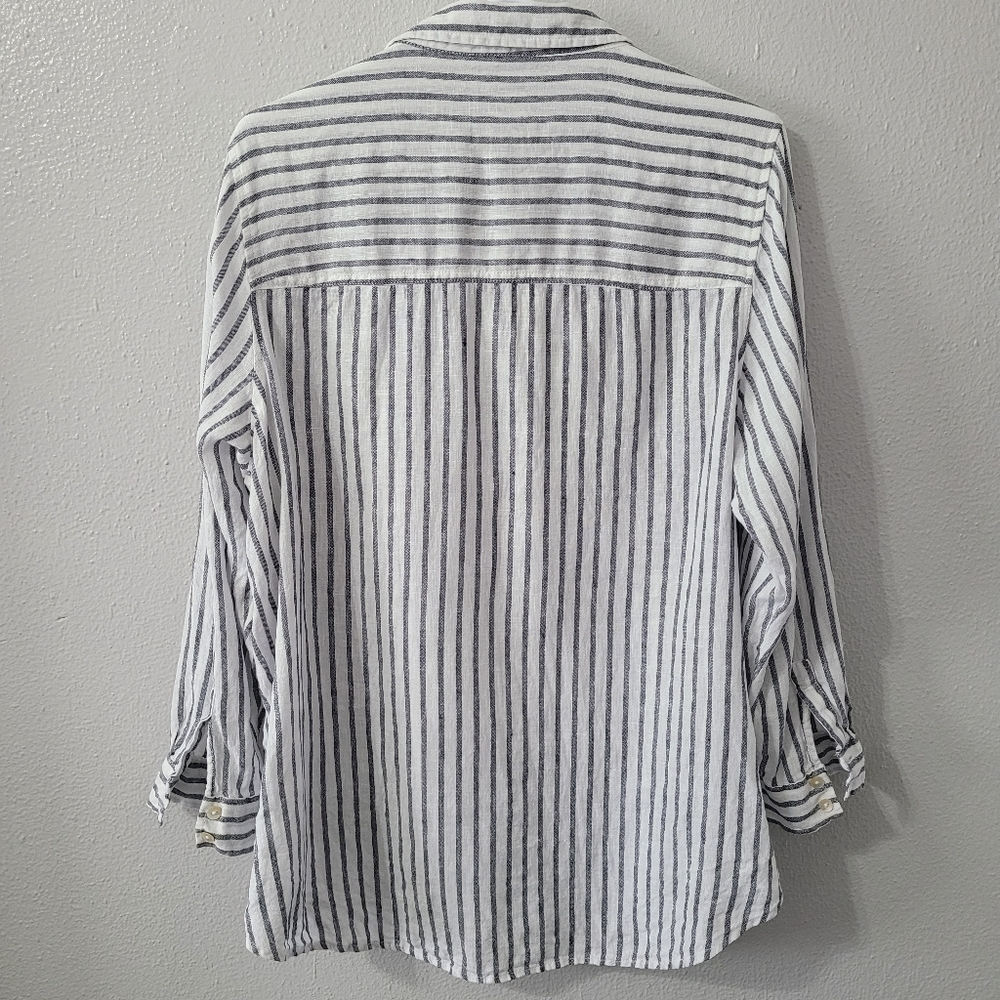 Sigrid Olsen 100% Linen Blue and White Striped Button Down Shirt - Picture 2 of 7